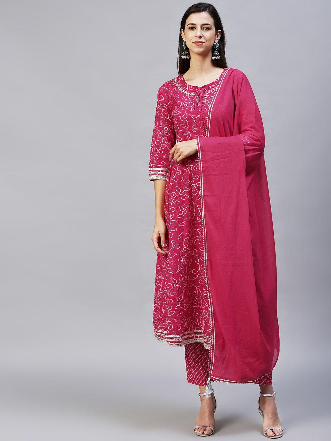fashor-women-magenta-bandhani-printed-pure-cotton-kurta-with-trousers-&-with-dupatta
