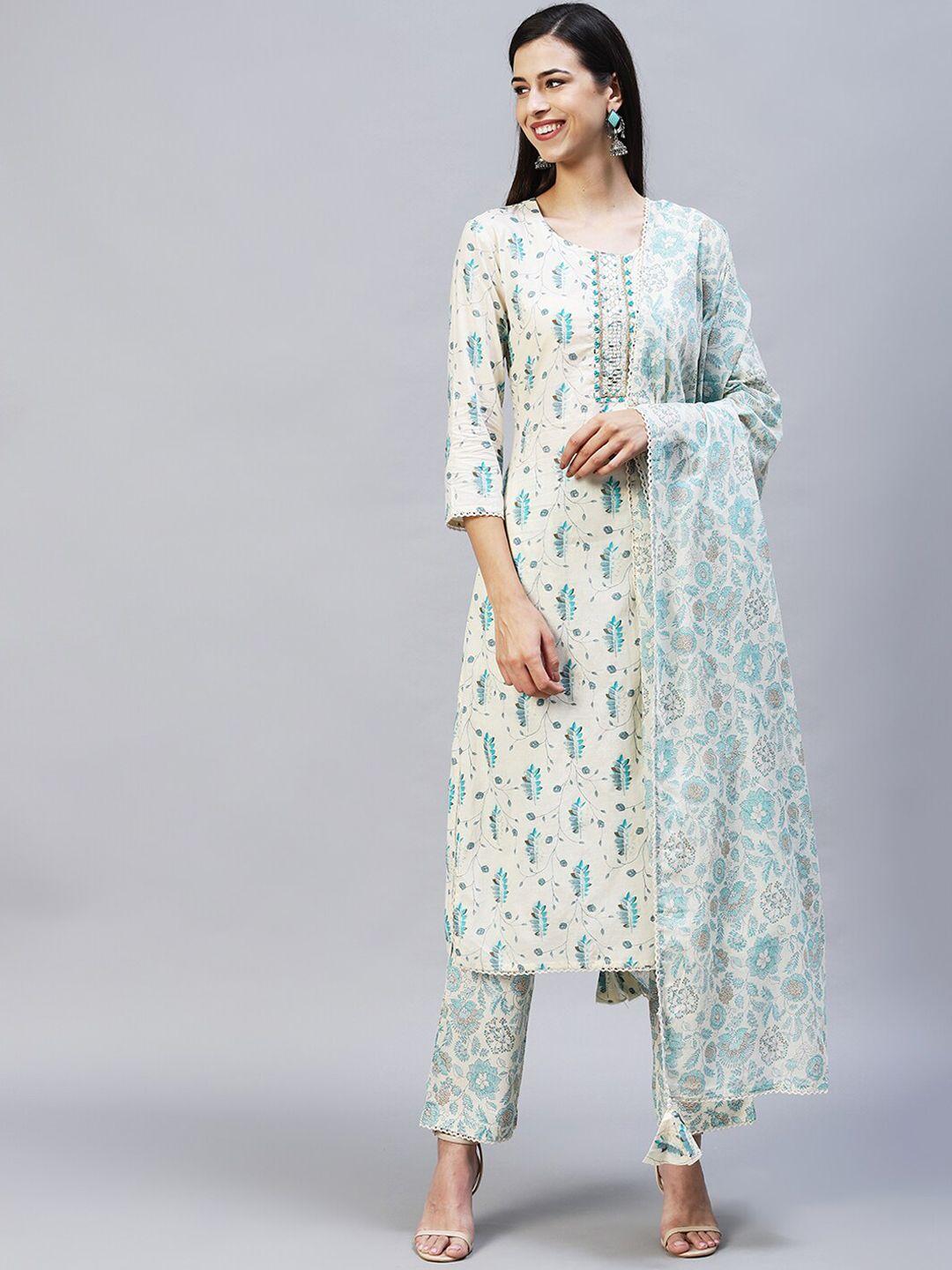 fashor-women-cream-coloured-floral-printed-pure-cotton-kurta-with-trousers-&-with-dupatta