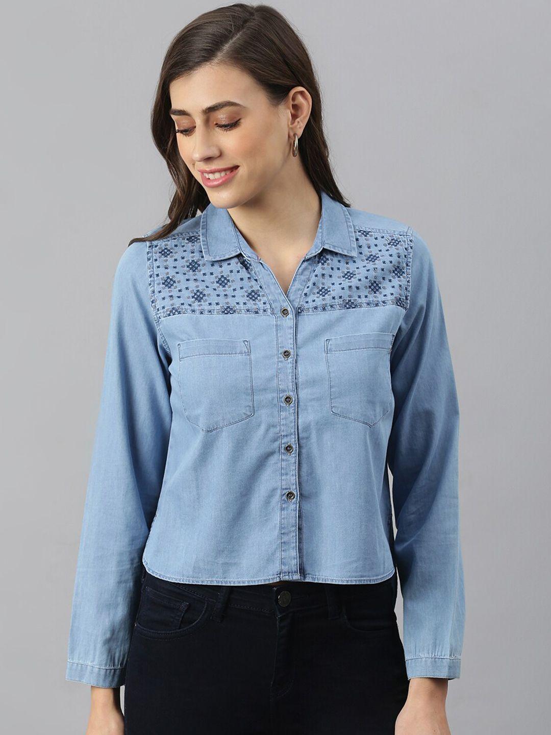 xpose-women-blue-comfort-denim-printed-casual-shirt