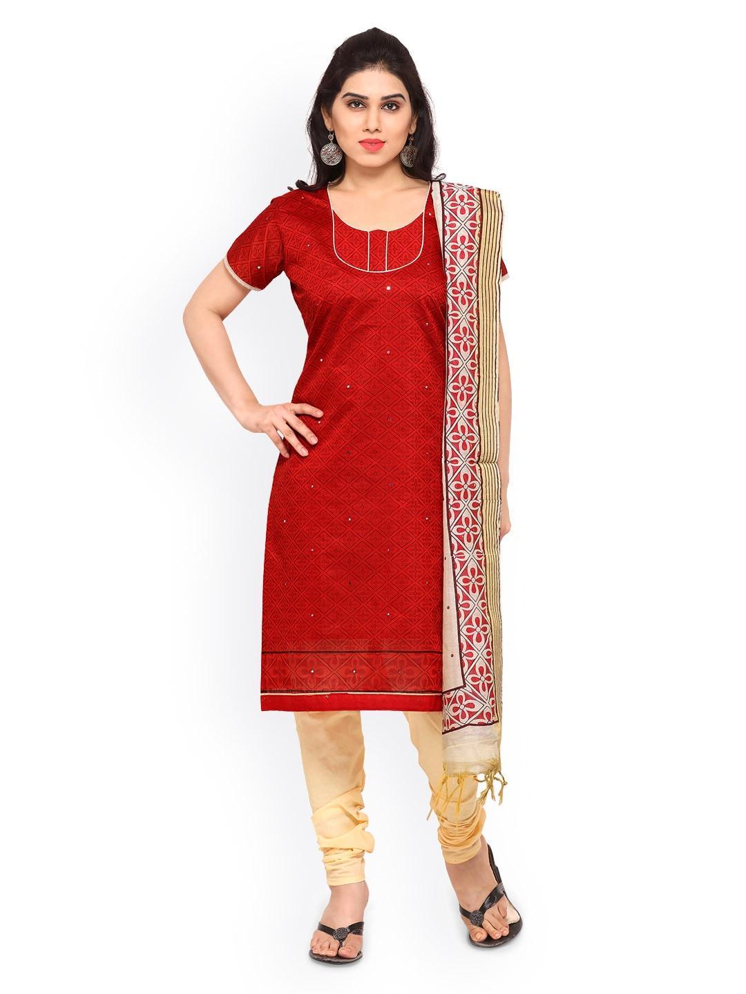 saree-mall-red-&-beige-chanderi-cotton-blend-unstitched-dress-material