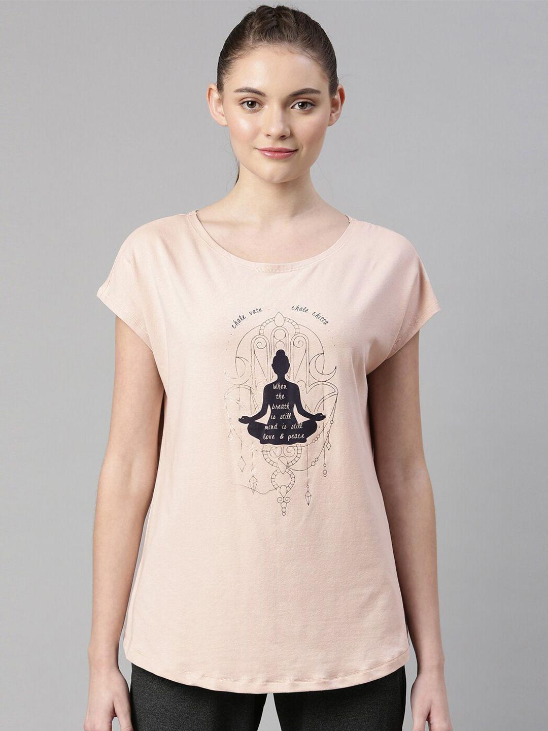 enamor-women-peach-coloured-printed-extended-sleeves-antimicrobial-t-shirt