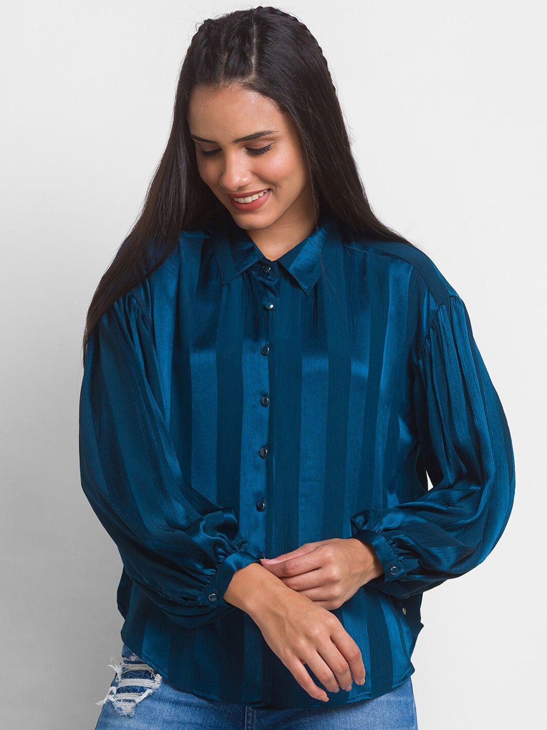 spykar-women-teal-blue-striped-casual-shirt