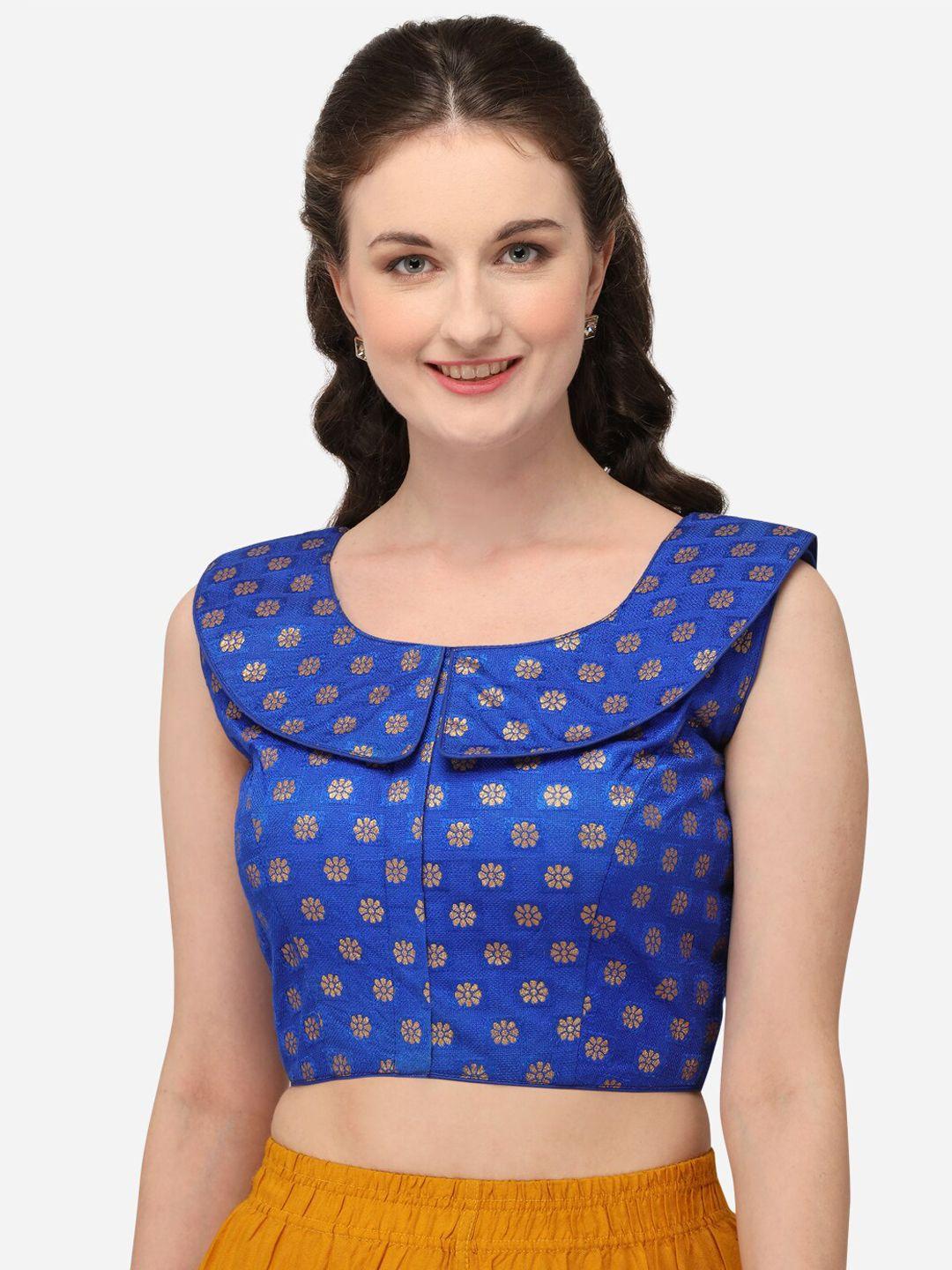 amrutam-fab-women's-embroidered-blue-jacquard-blouse-with-round-neck