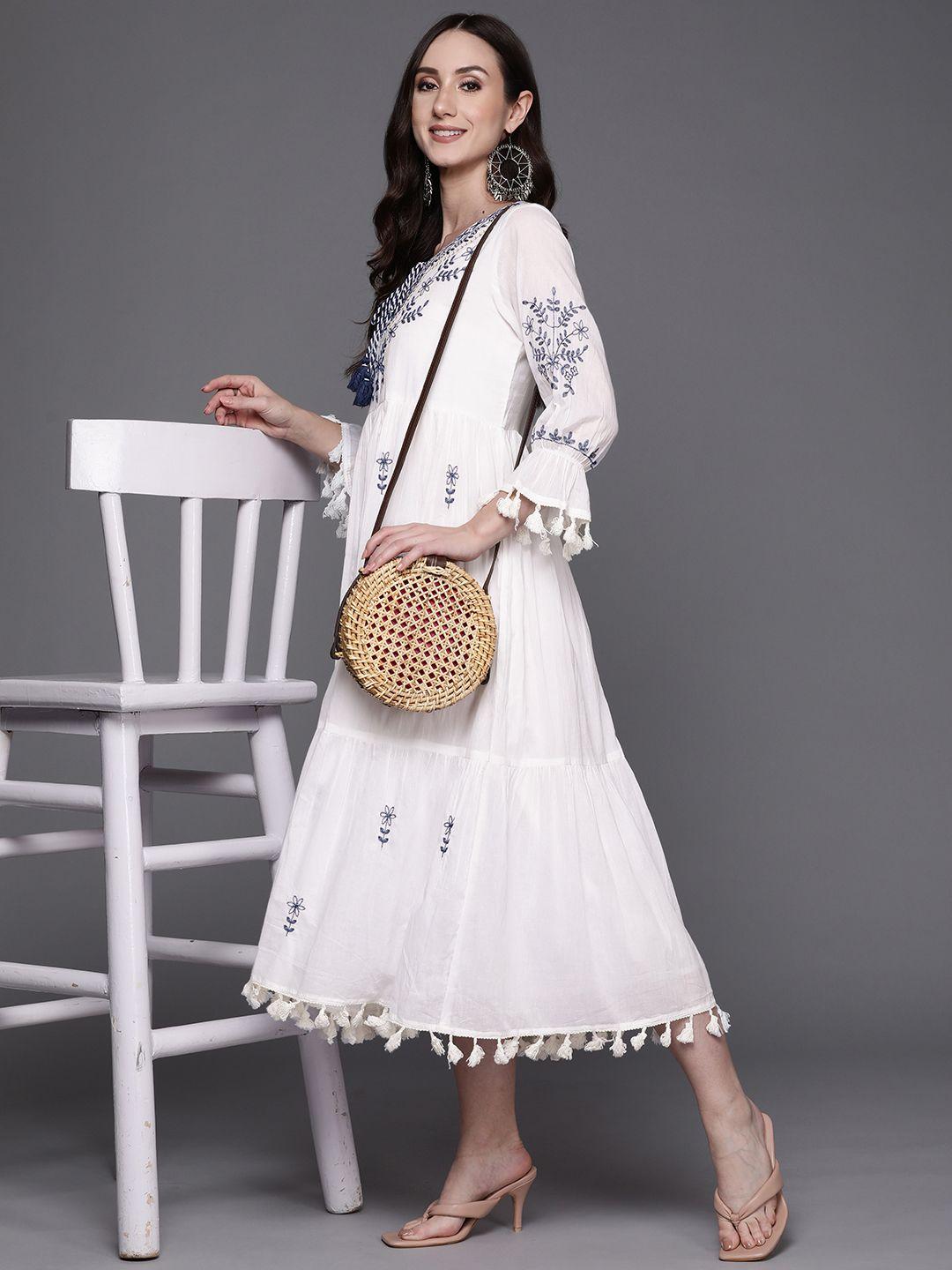 indo-era-white-&-navy-blue-floral-embroidered-tie-up-neck-ethnic-cotton-a-line-midi-dress