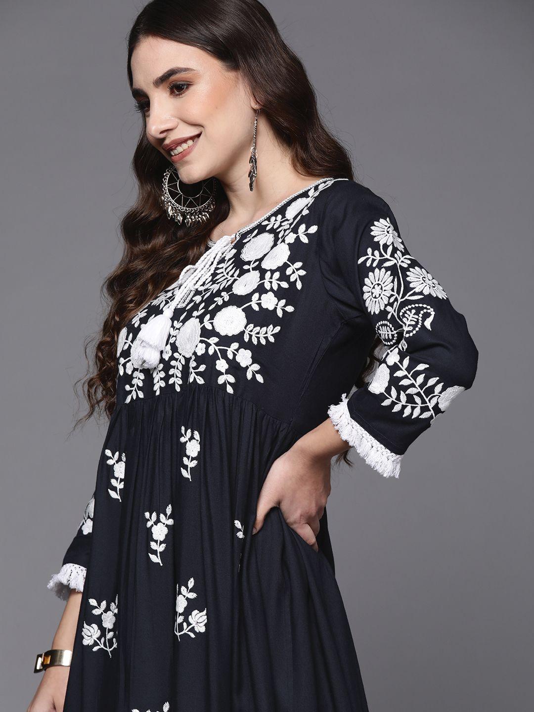 indo-era-navy-blue-&-white-floral-embroidered-tie-up-neck-ethnic-a-line-midi-dress