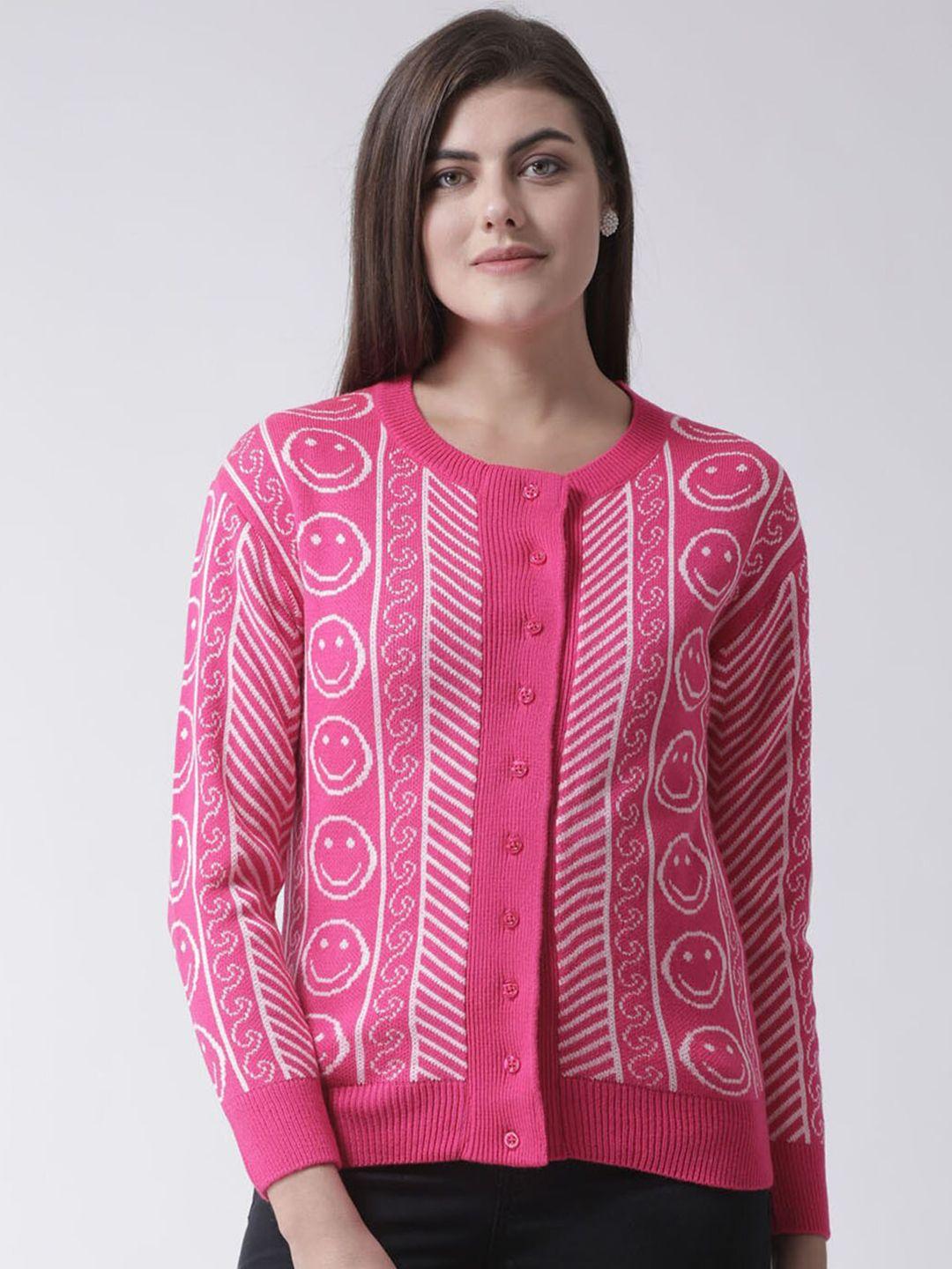 club-york-women-pink-&-white-printed-front-open-sweater