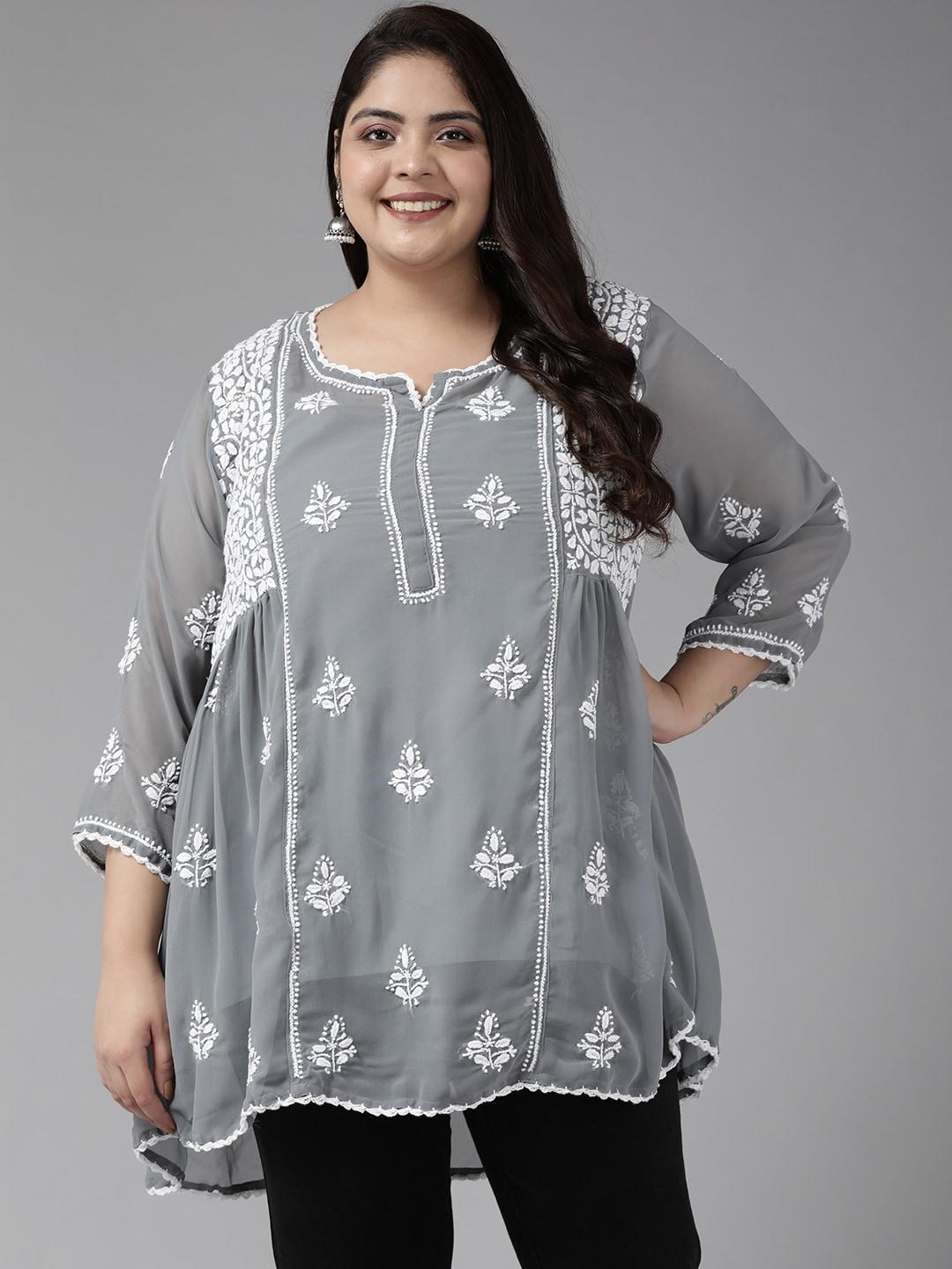 ada-plus-size-grey-ethnic-motifs-embroidered-chikankari-panelled-kurti-with-slip