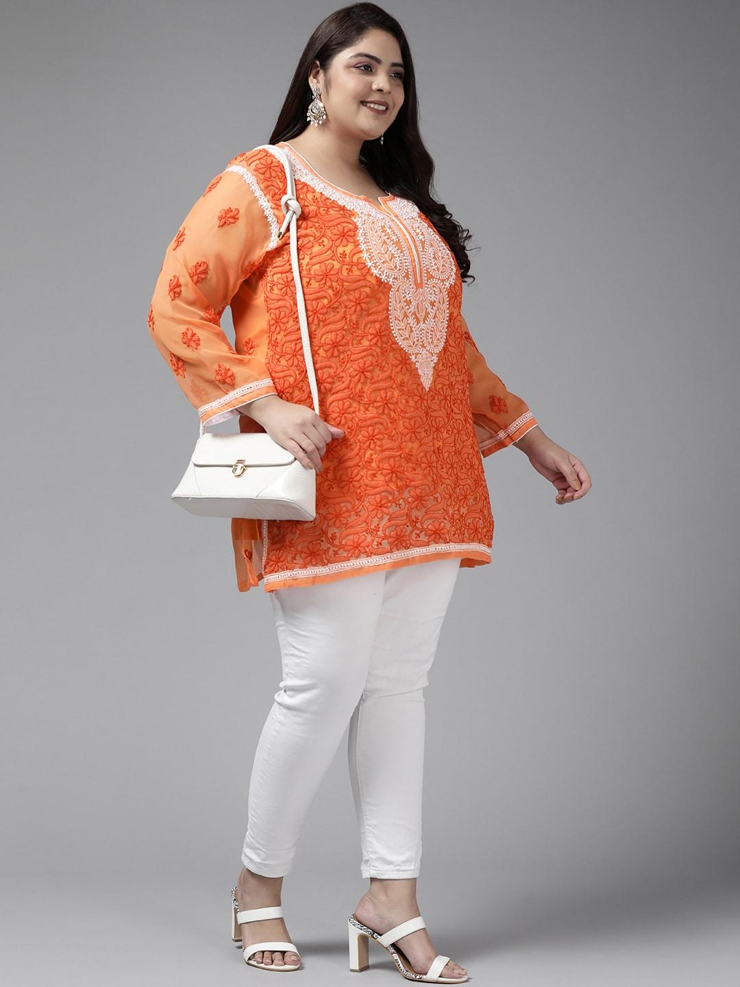 ada-plus-size-rust-&-white-ethnic-motifs-embroidered-chikankari-kurti-with-slip