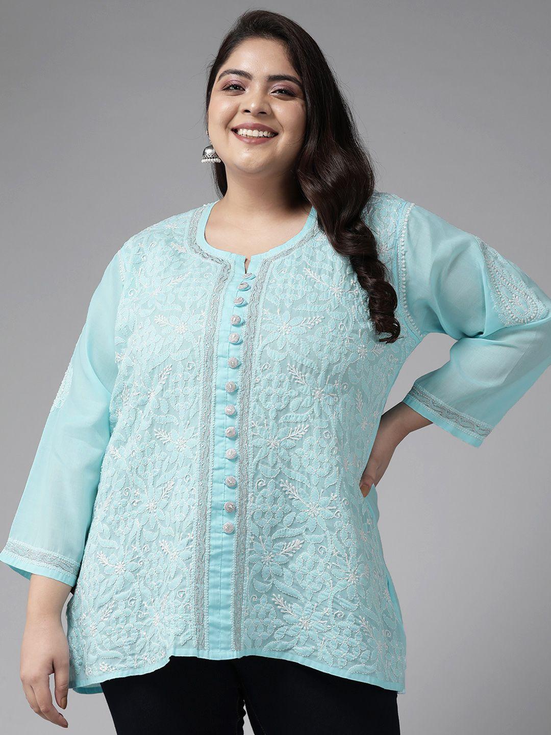 ada-plus-size-blue-floral-embroidered-chikankari-handloom-kurti-with-zari-work