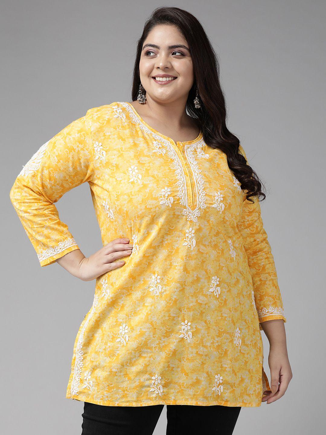ada-plus-size-yellow-&-white-floral-embroidered-chikankari-kurti