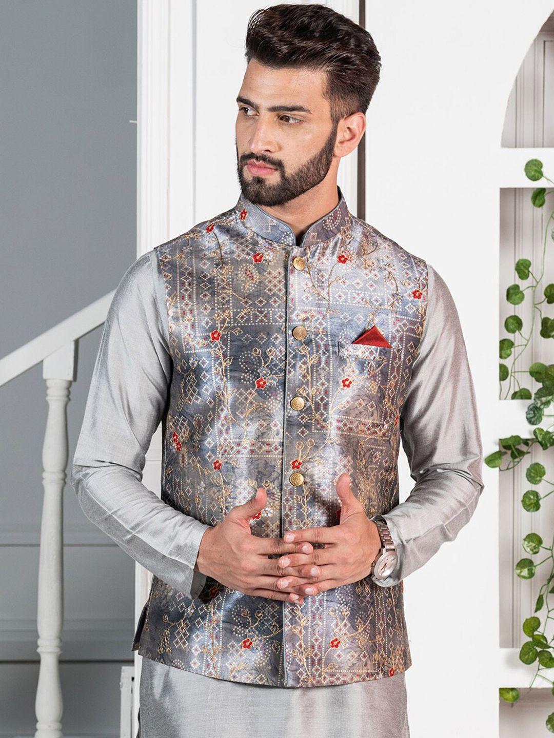 kisah-men-grey-printed-woven-nehru-jacket