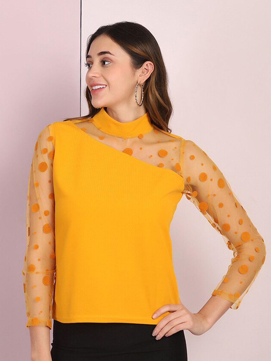 buy-new-trend-women-yellow-polka-dot-long-sleeve-net-top-for