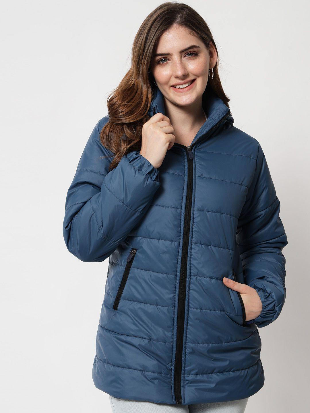 kotty-women-blue-solid-longline-padded-jacket