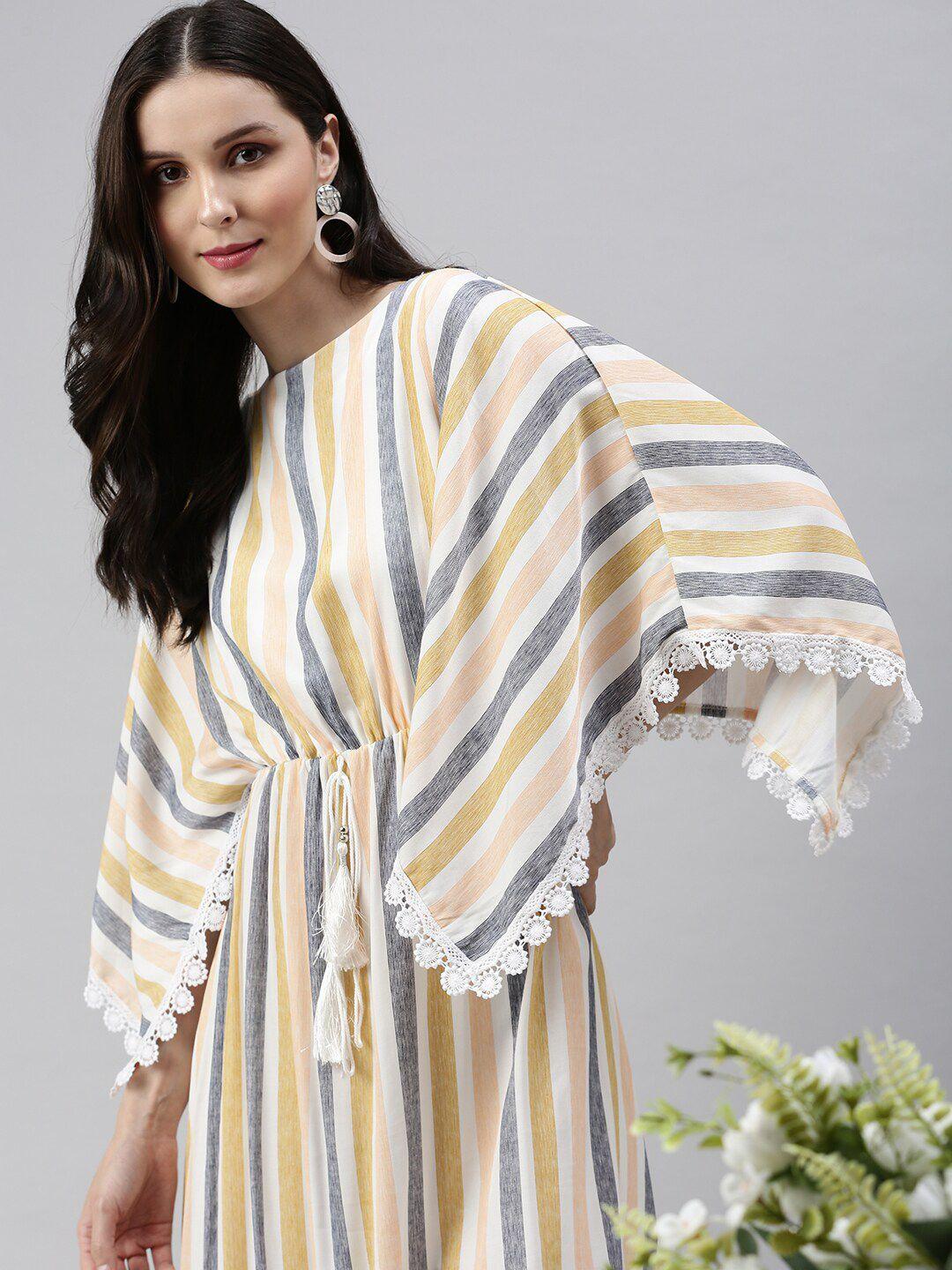 showoff-women-white-&-yellow-striped-kaftan-cotton-midi-dress