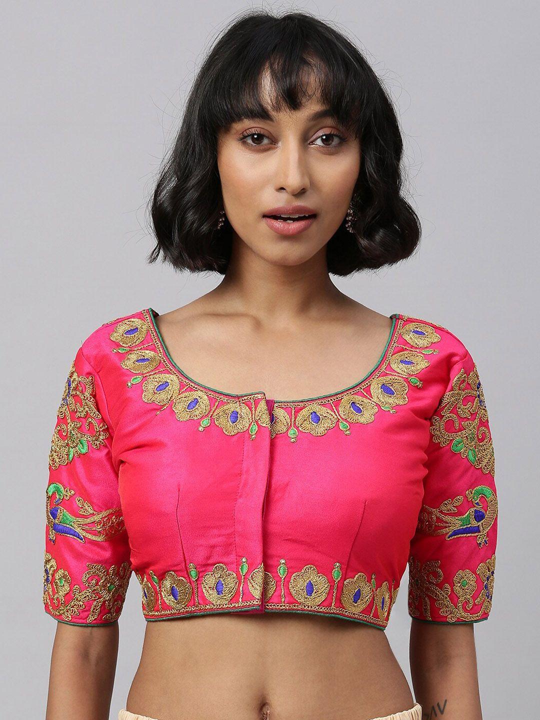 fab-dadu-women-pink-embroidered-round-neck-thread-work-saree-blouse