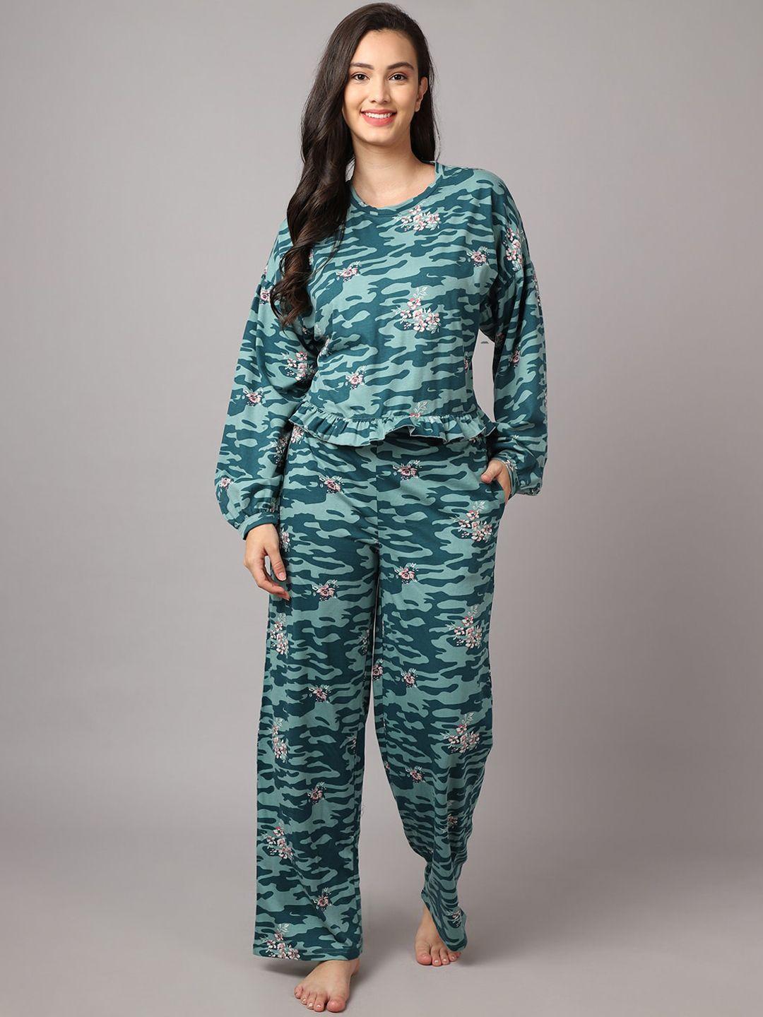 kanvin-women-green-&-pink-floral-printed-night-suit