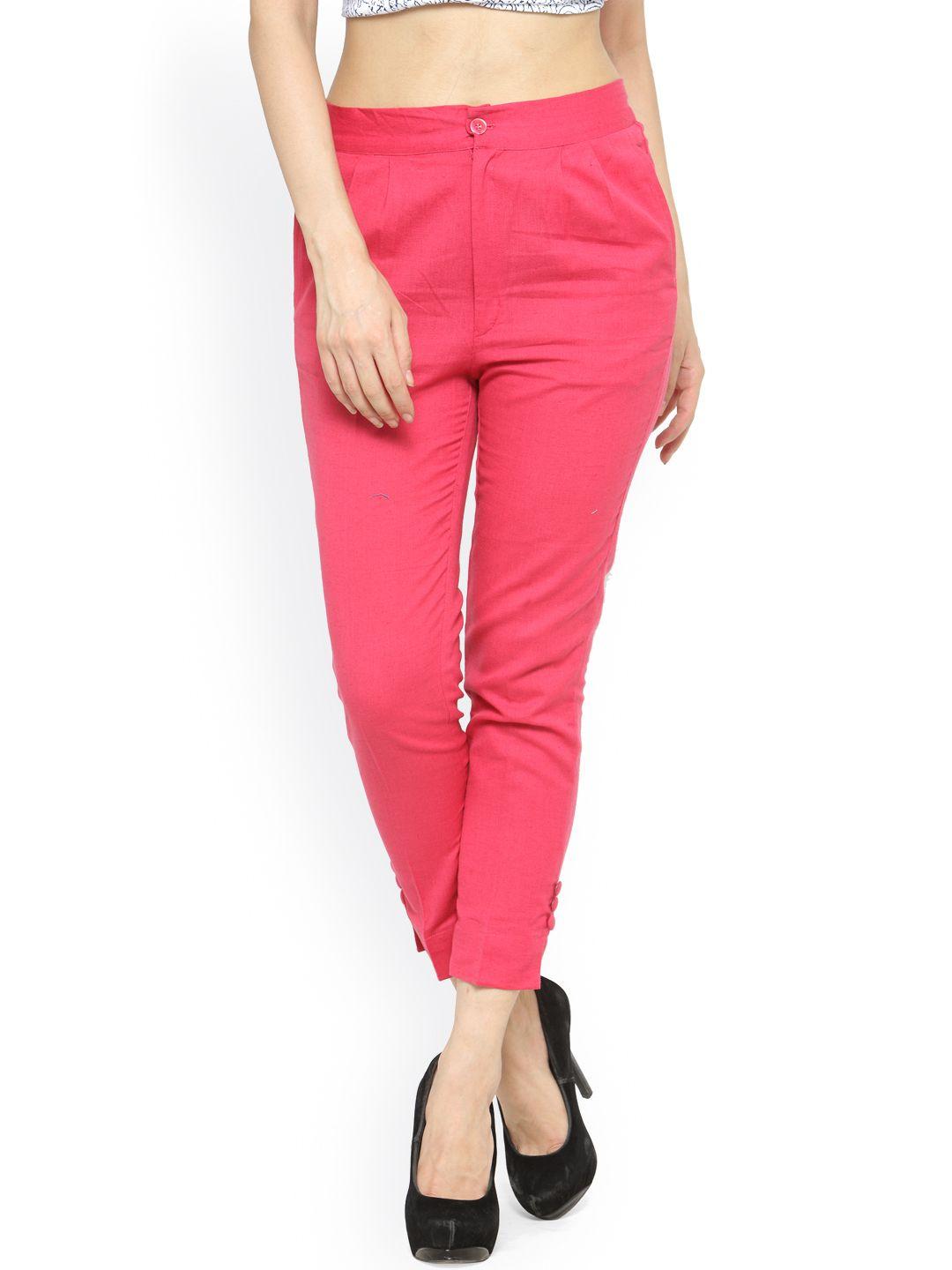 indibelle-women-pink-peg-leg-slim-fit-solid-peg-trousers