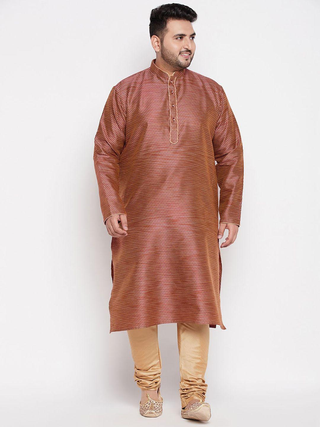 vastramay-plus-men-plus-size-maroon-and-rose-gold-self-design-kurta-with-churidar