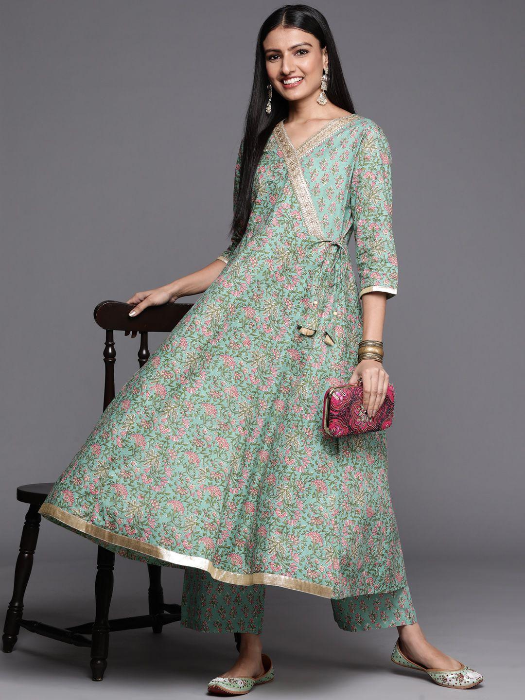 varanga-women-sea-green-floral-printed-angrakha-pure-cotton-kurta-with-palazzos