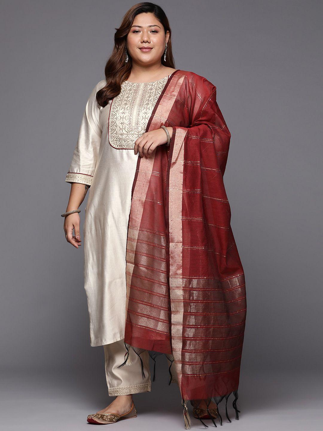 indo-era-women-off-white-floral-embroidered-sequinned-liva-kurta-with-trousers-&-with-dupatta