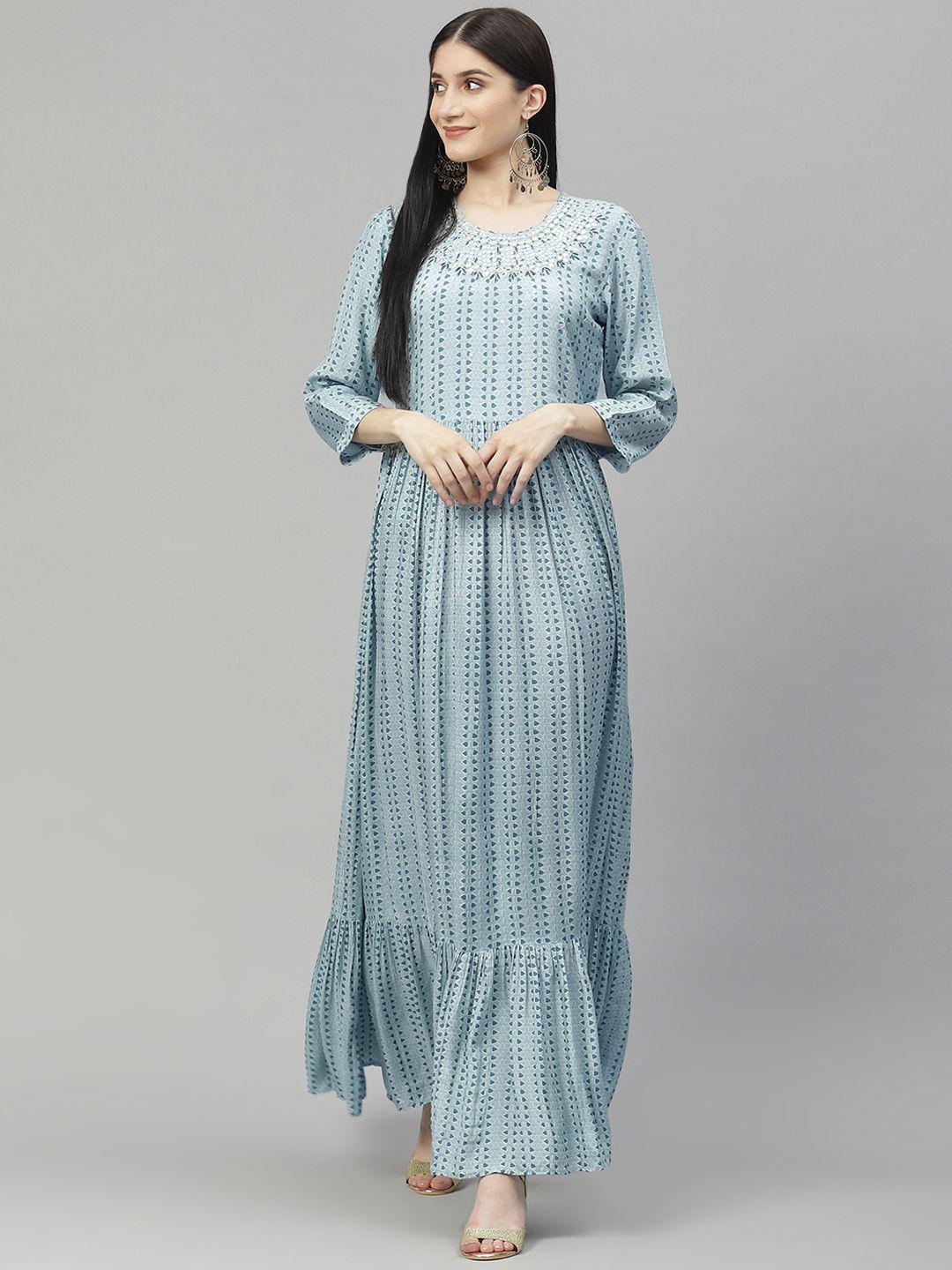 divena-blue-printed-mirror-work-detail-muslin-maxi-flared-gown