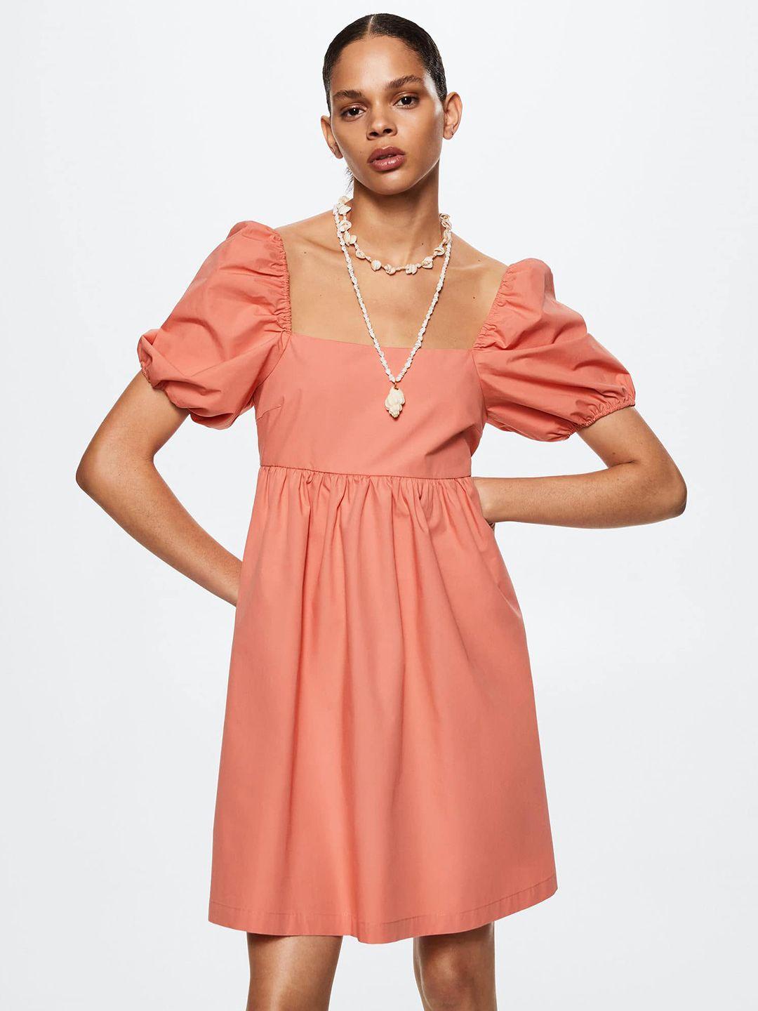 mango-peach-coloured-solid-pure-cotton-a-line-mini-dress