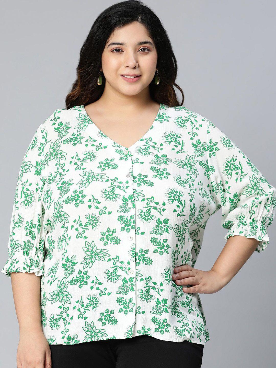 oxolloxo-plus-size-women-green-&-white-floral-print-crepe-top