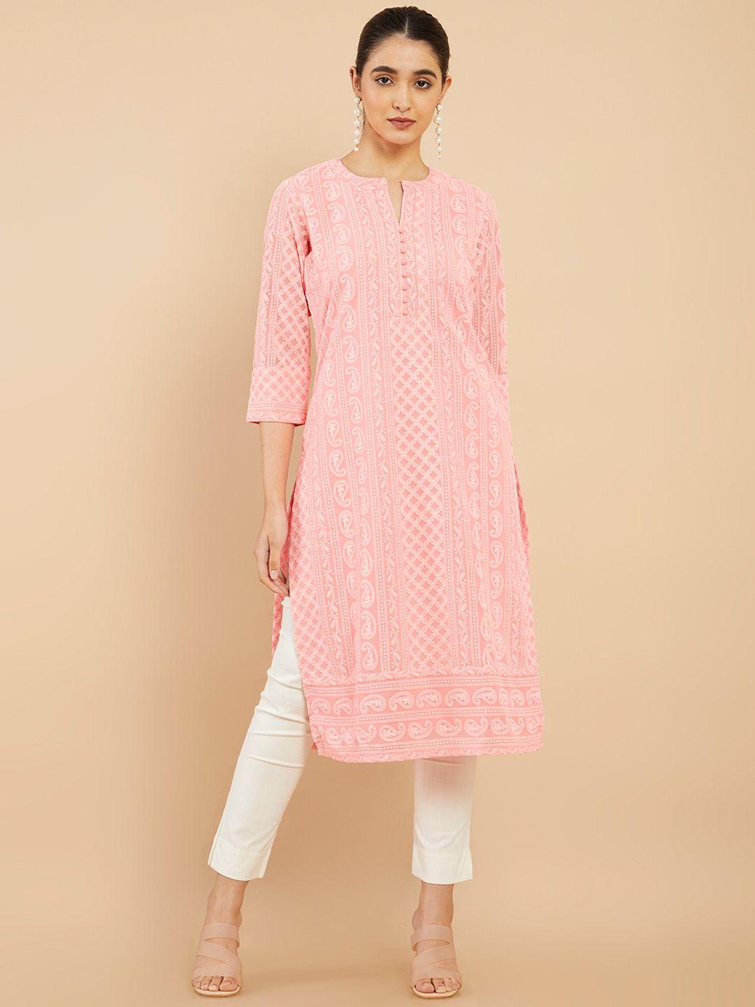 soch-women-pink-geometric-embroidered-chikankari-georgette-kurta
