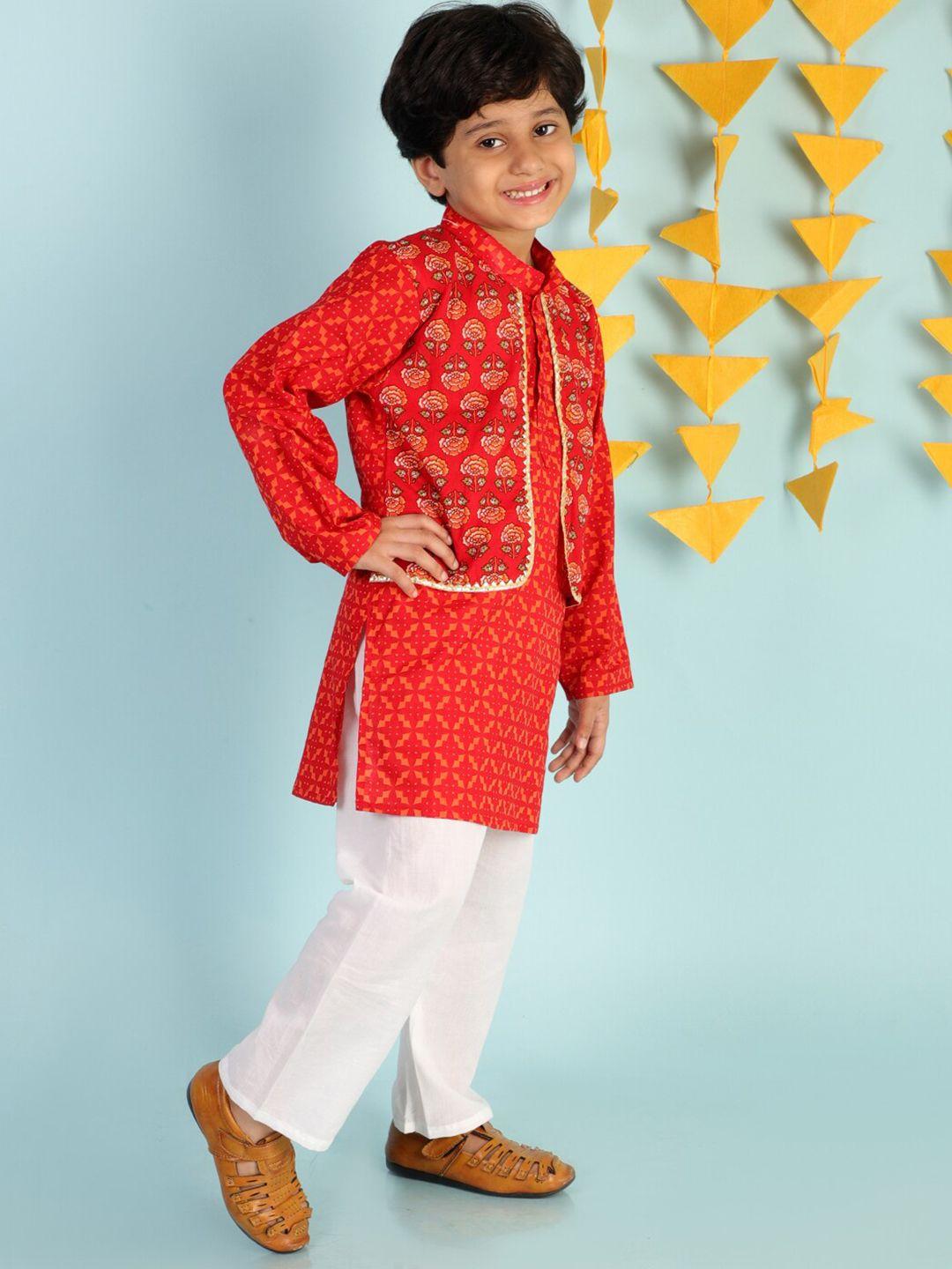 kid1-boys-red-ethnic-motifs-printed-pure-cotton-kurta-with-attached-jacket-and-pyjama-set