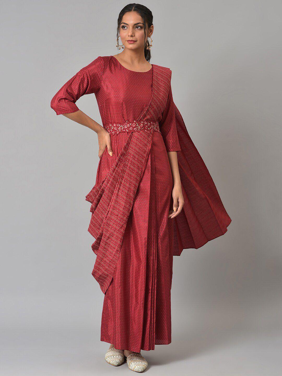 w-red-satin-maroon-maxi-insta-saree-dress-with-embroidered-belt
