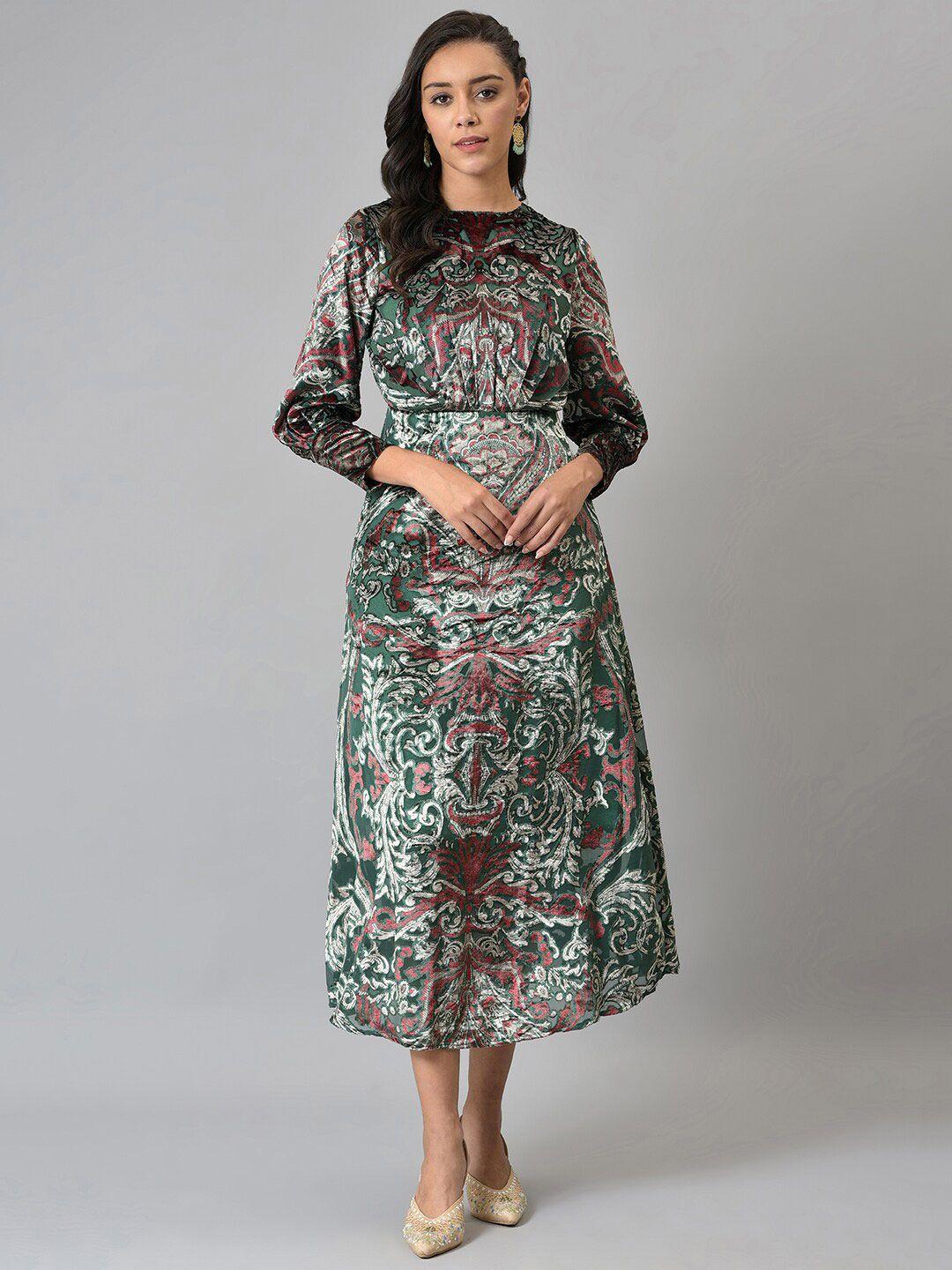 wishful-green-&-maroon-ethnic-motifs-chiffon-a-line-midi-dress