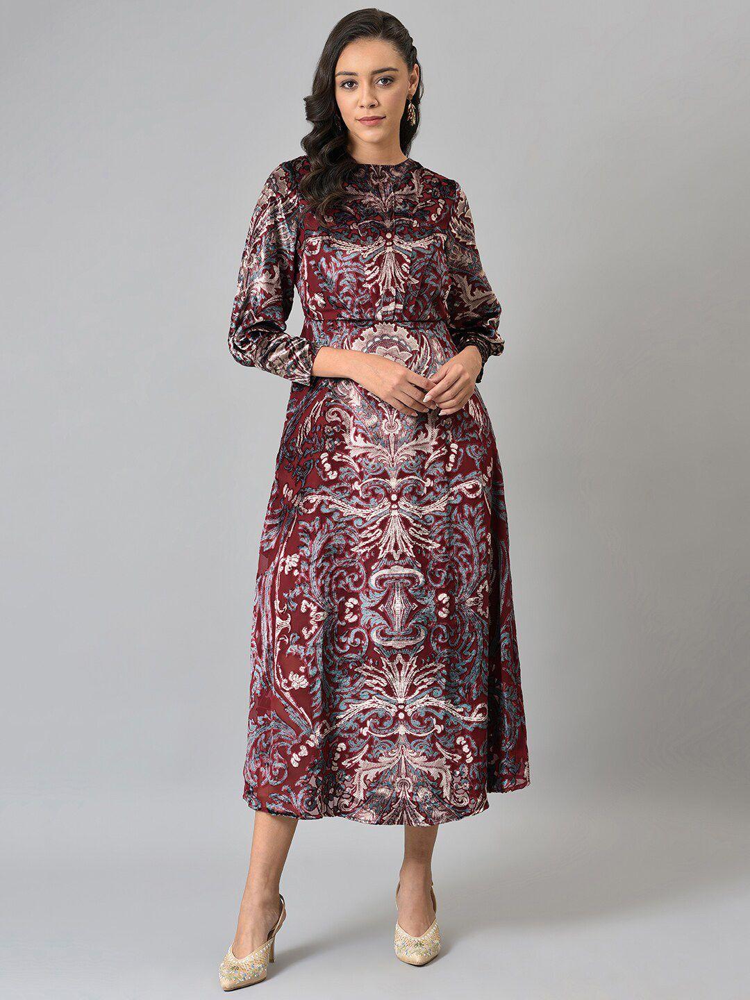 wishful-red-ethnic-motifs-chiffon-a-line-midi-dress
