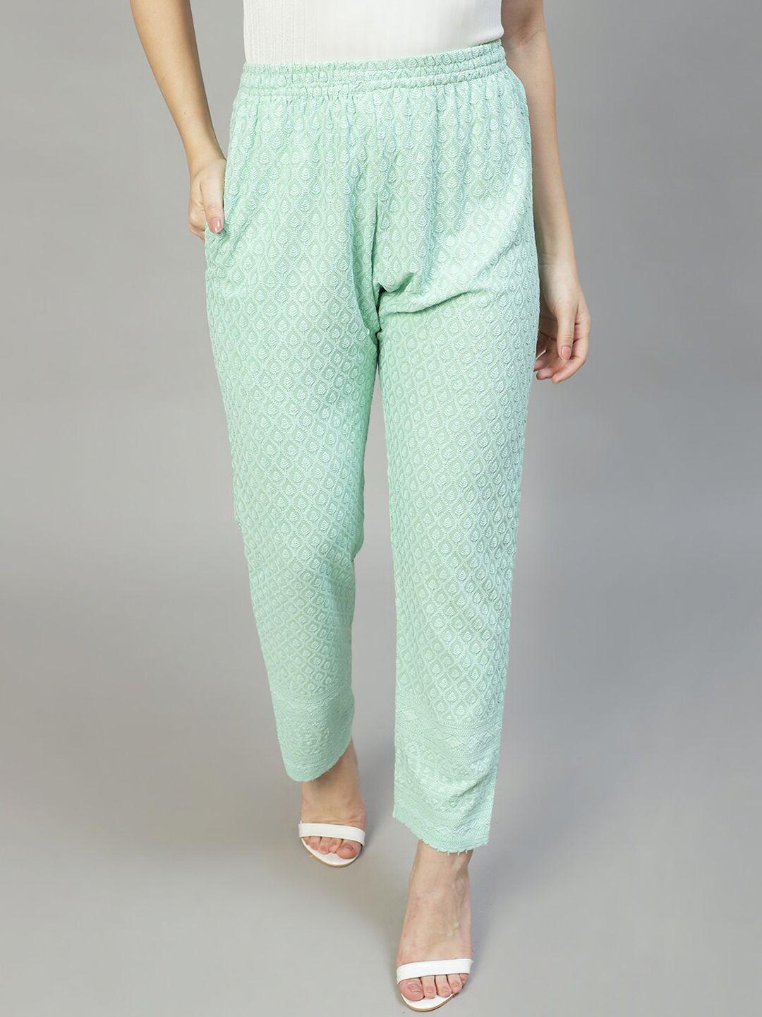 fashor-women-green-floral-embroidered-straight-fit-trousers