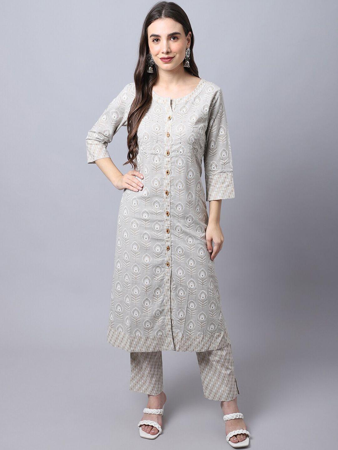 cantabil-women-grey-floral-printed-beads-and-stones-pure-cotton-kurta-with-trousers