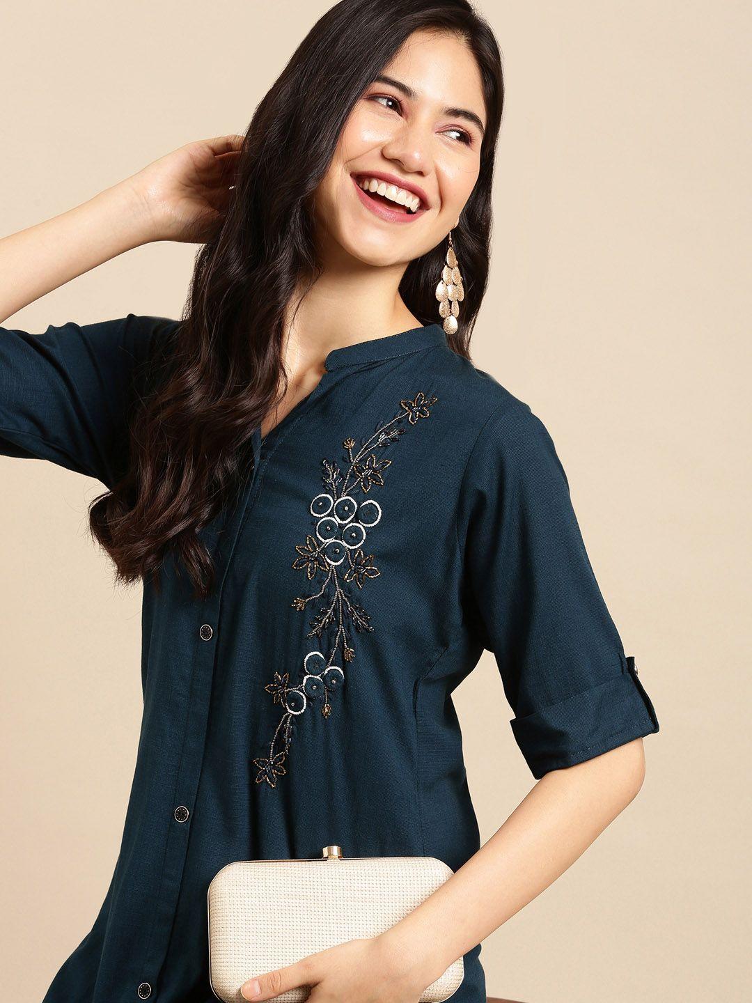showoff-women-teal-embroidered-beads-and-stones-kurta-with-trousers