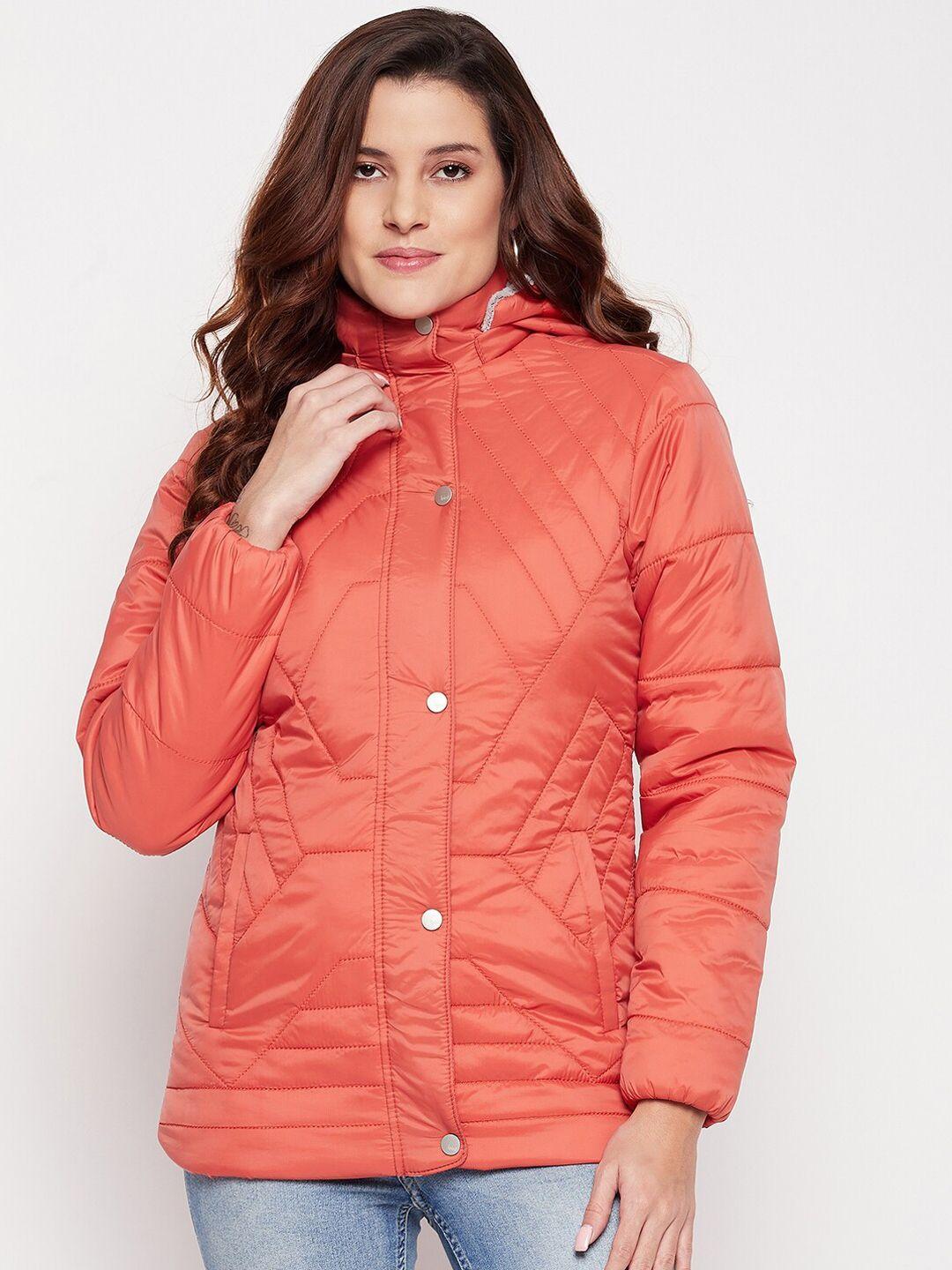 spirit-women-orange-solid-windcheater-hooded-long-sleeves-longline-padded-jacket
