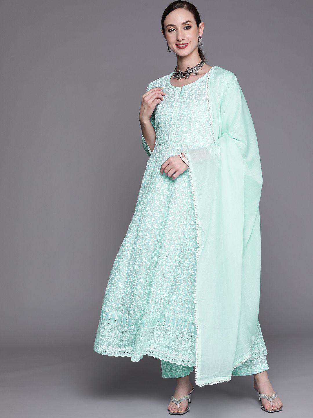 indo-era-women-blue-floral-embroidered-empire-thread-work-kurta-with-trousers-&-with-dupatta