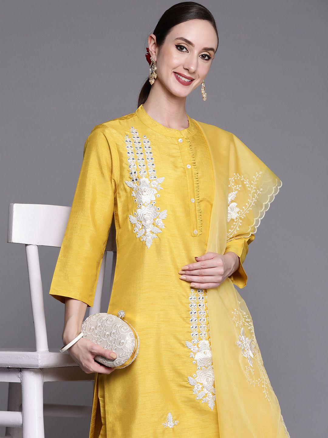 indo-era-women-yellow-floral-embroidered-mirror-work-kurta-with-trousers-&-with-dupatta