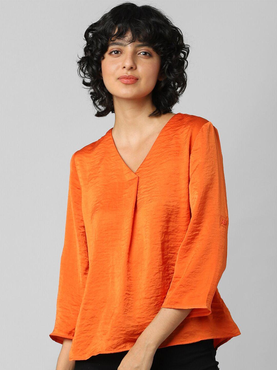 only-women-orange-solid-v-neck-three-quarter-sleeves-top