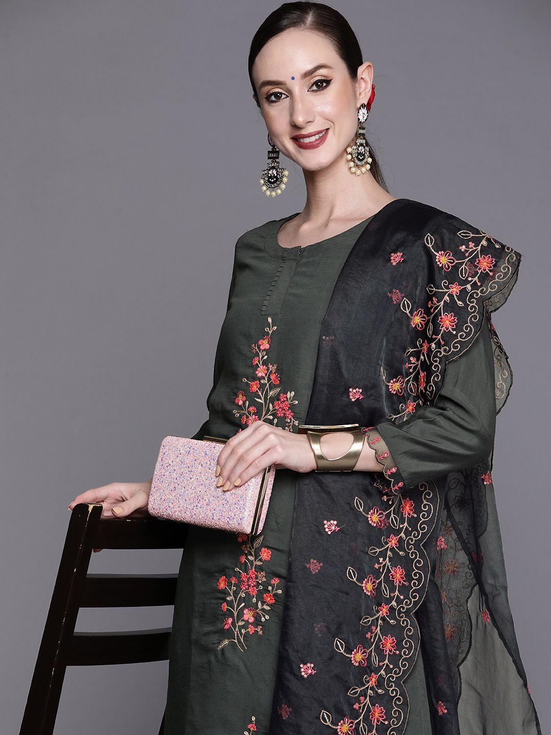indo-era-women-grey-floral-embroidered-thread-work-kurta-with-trousers-&-with-dupatta