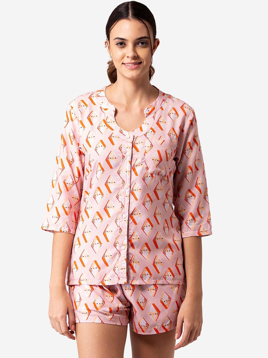 bellofox-women-peach-coloured-&-orange-printed-night-suit