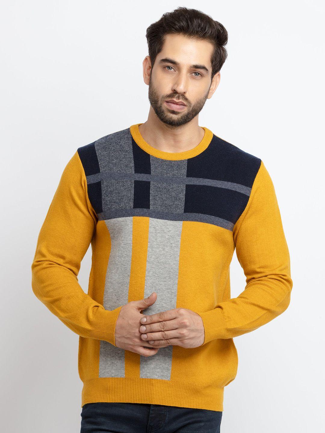 status-quo-men-mustard-&-blue-colourblocked-cotton-pullover-sweater