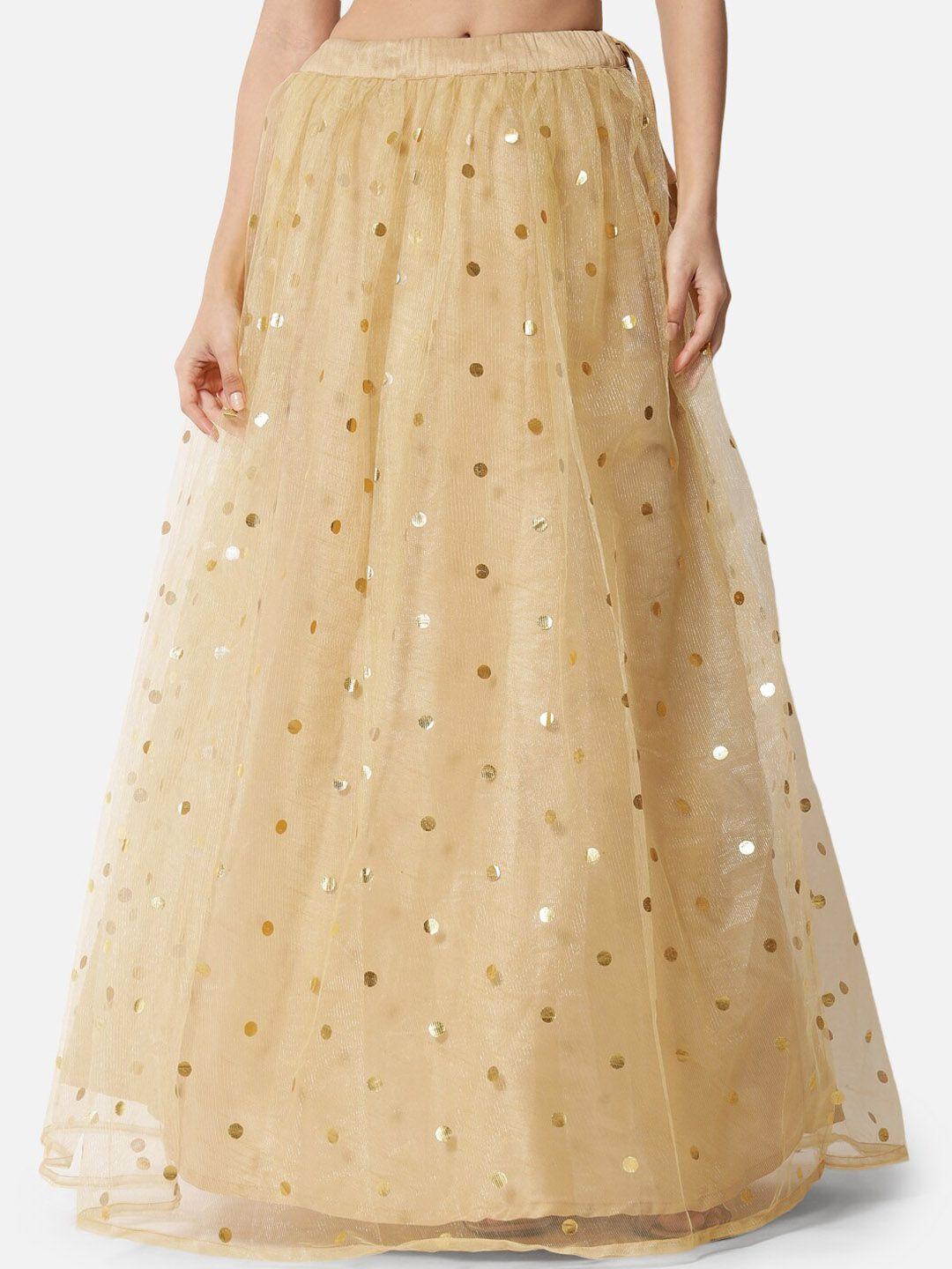 studio-rasa-women-beige-polka-foil-printed-flared-net-maxi-skirt