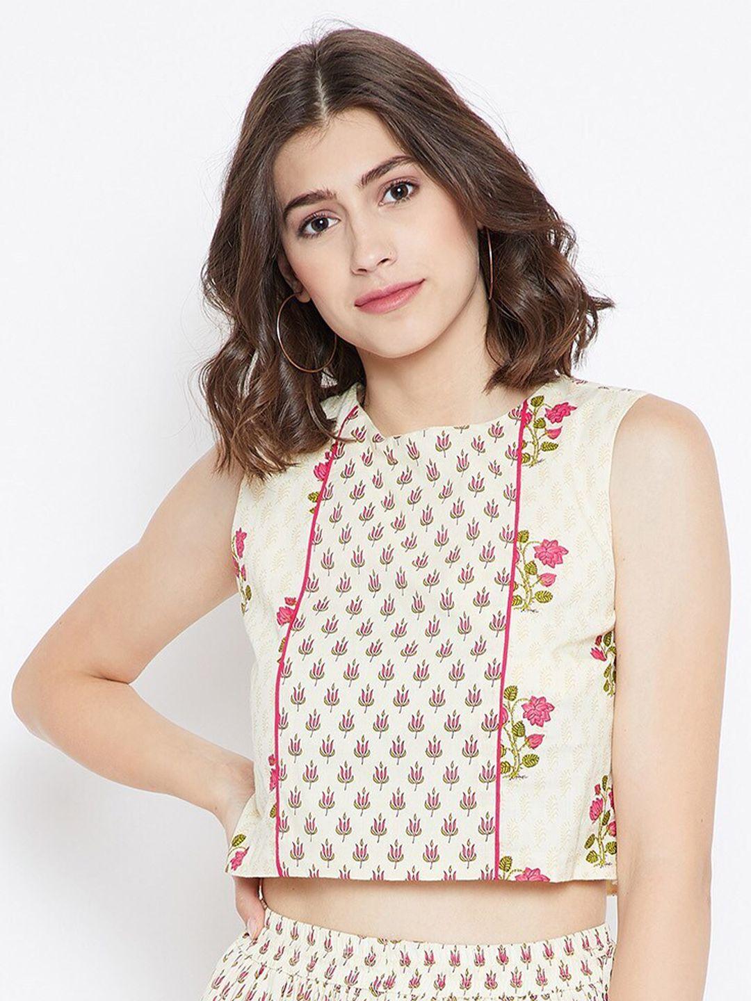 be-indi-women-cream-coloured-&-pink-floral-print-crop-top