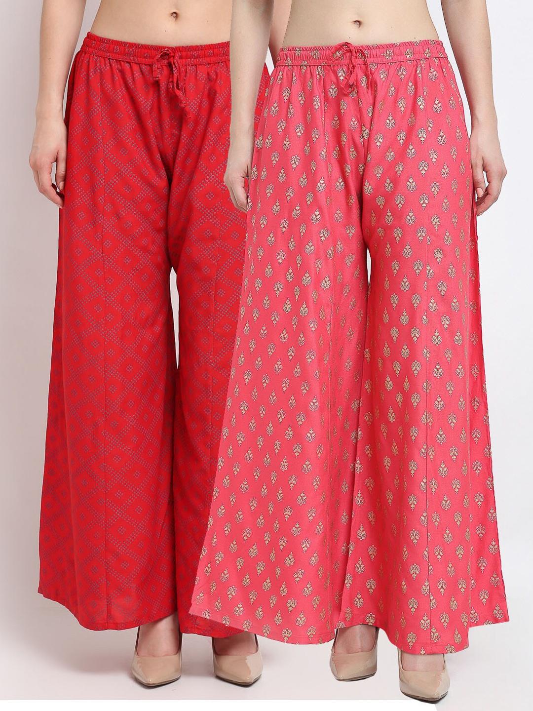 gracit-women-red-&-pink-2-printed-knitted-ethnic-palazzos