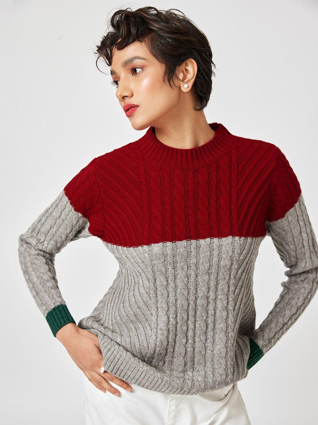 the-label-life-women-grey-&-maroon-colourblocked-pullover