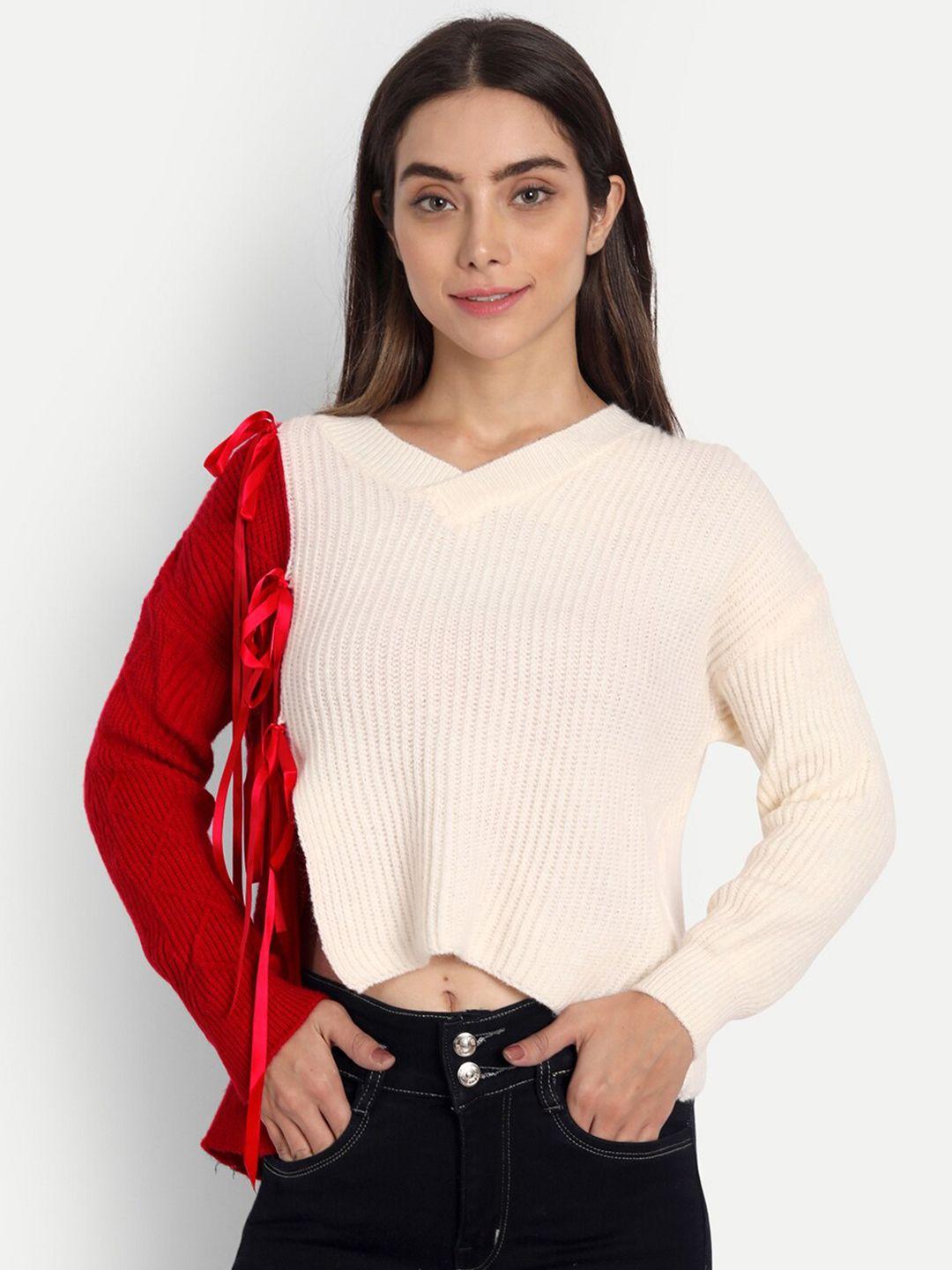 iki-chic-women-red-&-cream-coloured-colourblocked-cotton-wool-cardigan