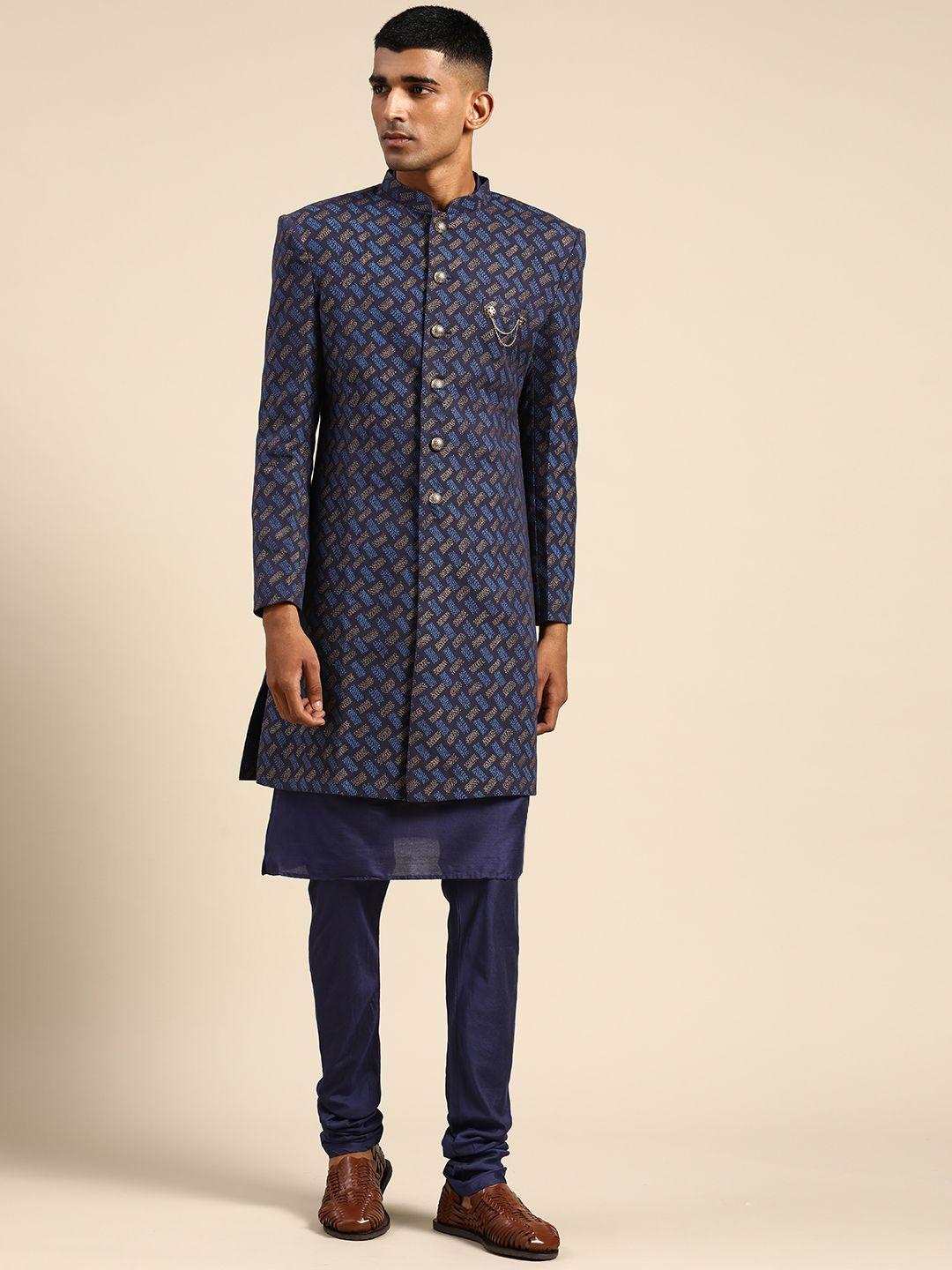 kisah-men-navy-blue-woven-design-sherwani-set