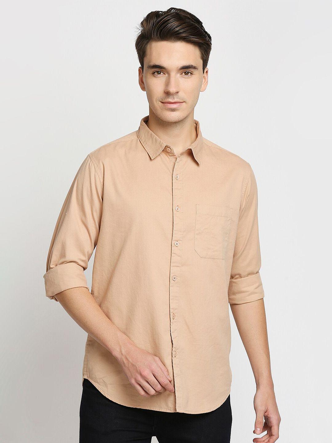 valen-club-men-beige-solid-pure-cotton-slim-fit-casual-shirt