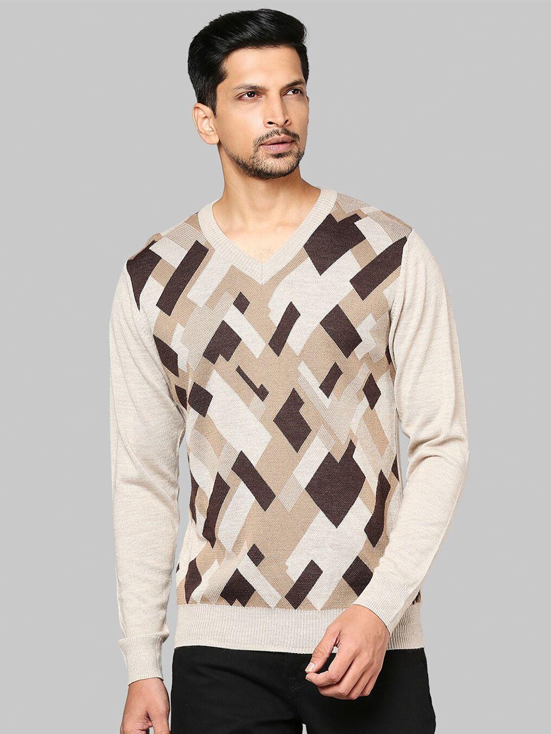 raymond-men-beige-&-brown-printed-pullover
